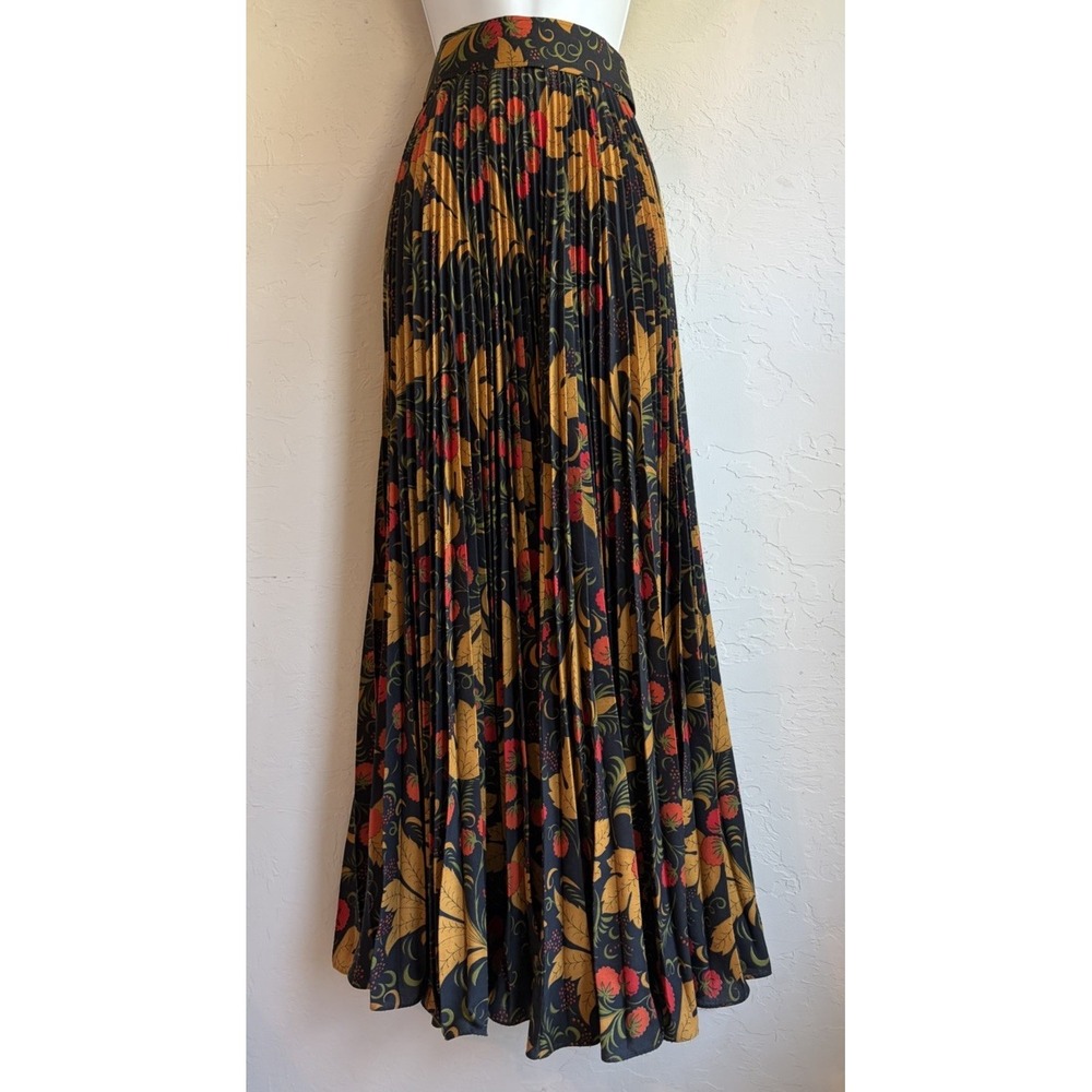 Vintage 70s Miss Elliette Pleated Maxi Skirt 8 Berry Autumn Leaves Cottagecore